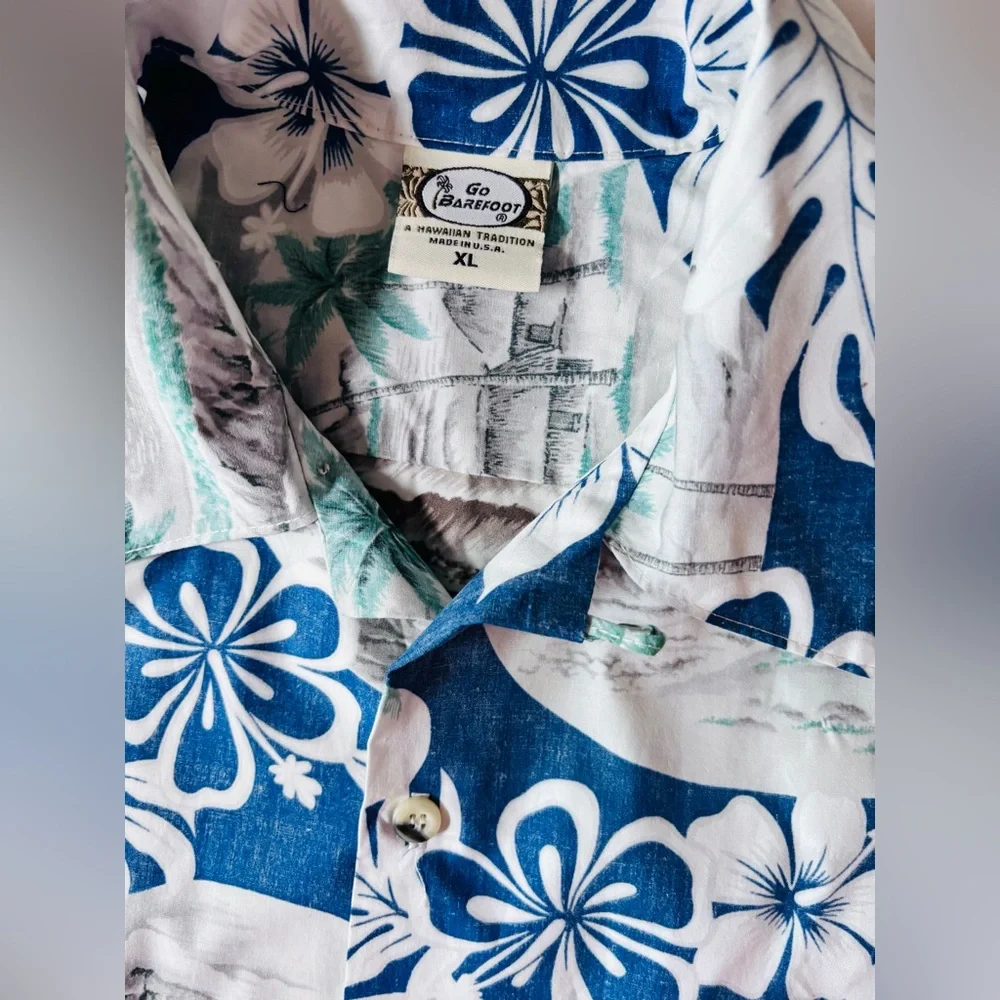 Go Barefoot Hawaiian Shirt XL 100% Cotton Scenic Floral Short Sleeve USA - Picture 4 of 5